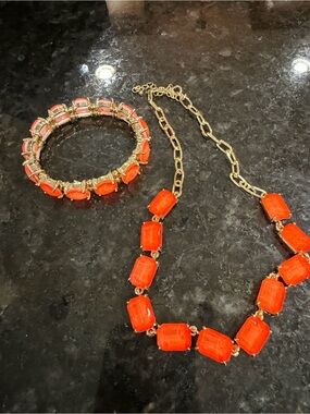 Neon Orange Gemstone Necklace and Bracelet Set - Elegant Statement Jewelry